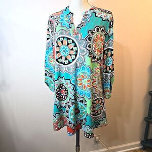 Zattcas Women's FUN Printed Tunic Plus Size XXL 3/4 Roll-Tab Sleeve Split Neck